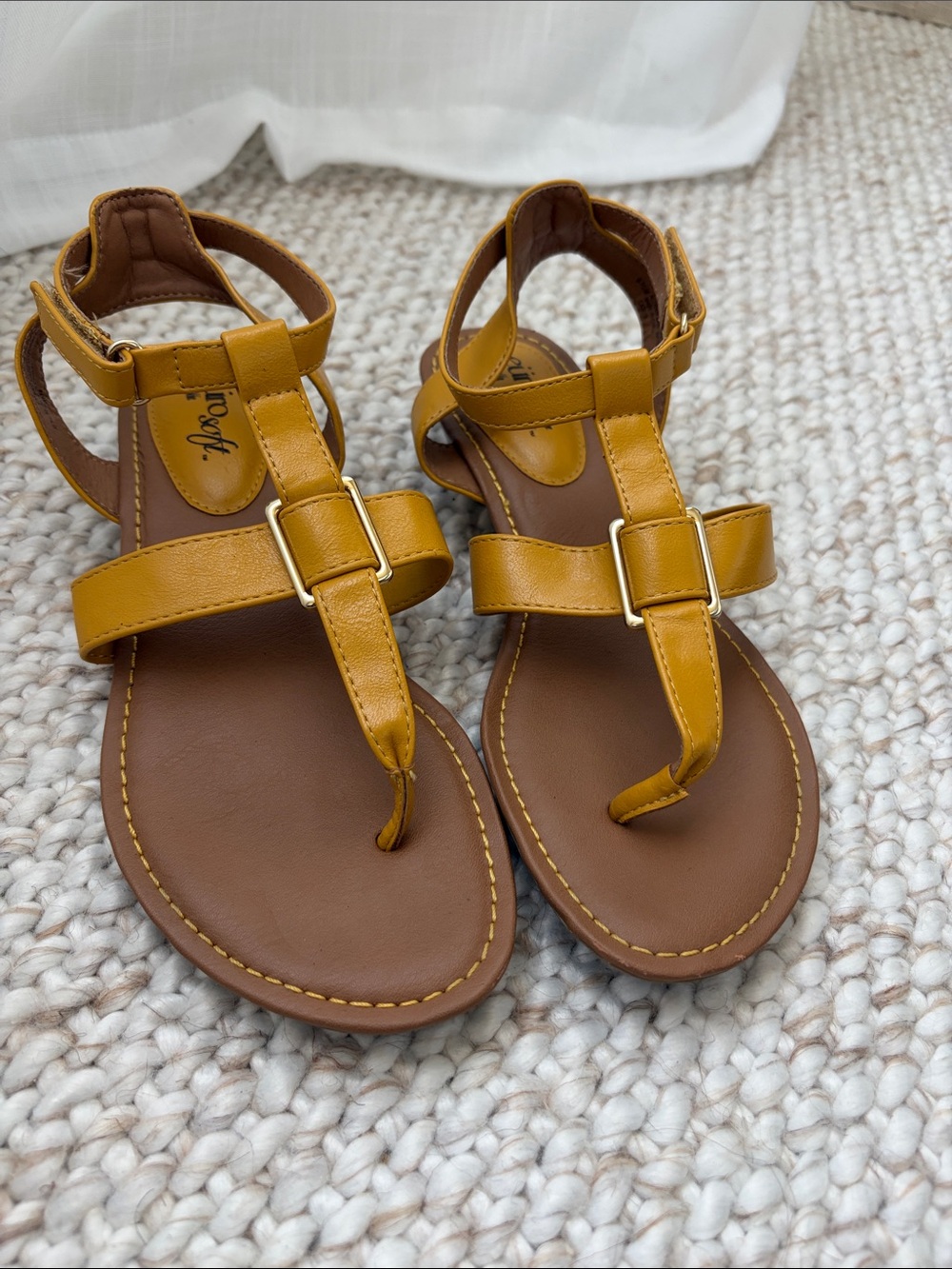 Women's Mustard Yellow T-Strap Sandals with Buckle Detail